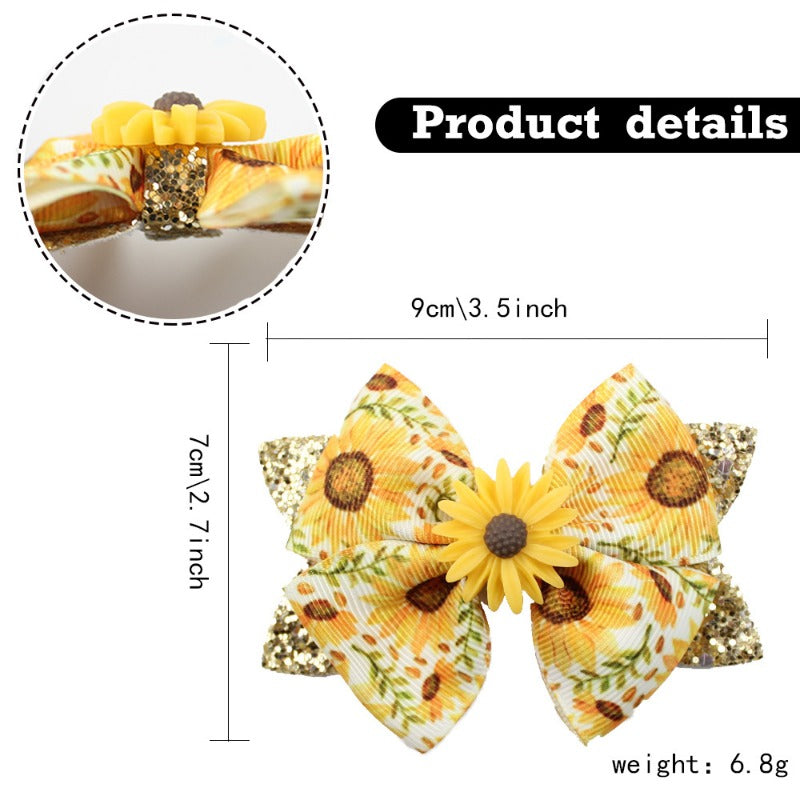 Wholesale 5pcs Shiny Boutique Bow Daisy Sunflower Print Hair Clip