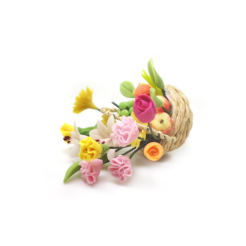Wholesale 1:12 Dollhouse Mini Clay Flowers Round Fruit Basket