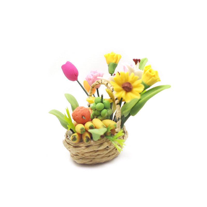 Wholesale 1:12 Dollhouse Mini Clay Flowers Round Fruit Basket