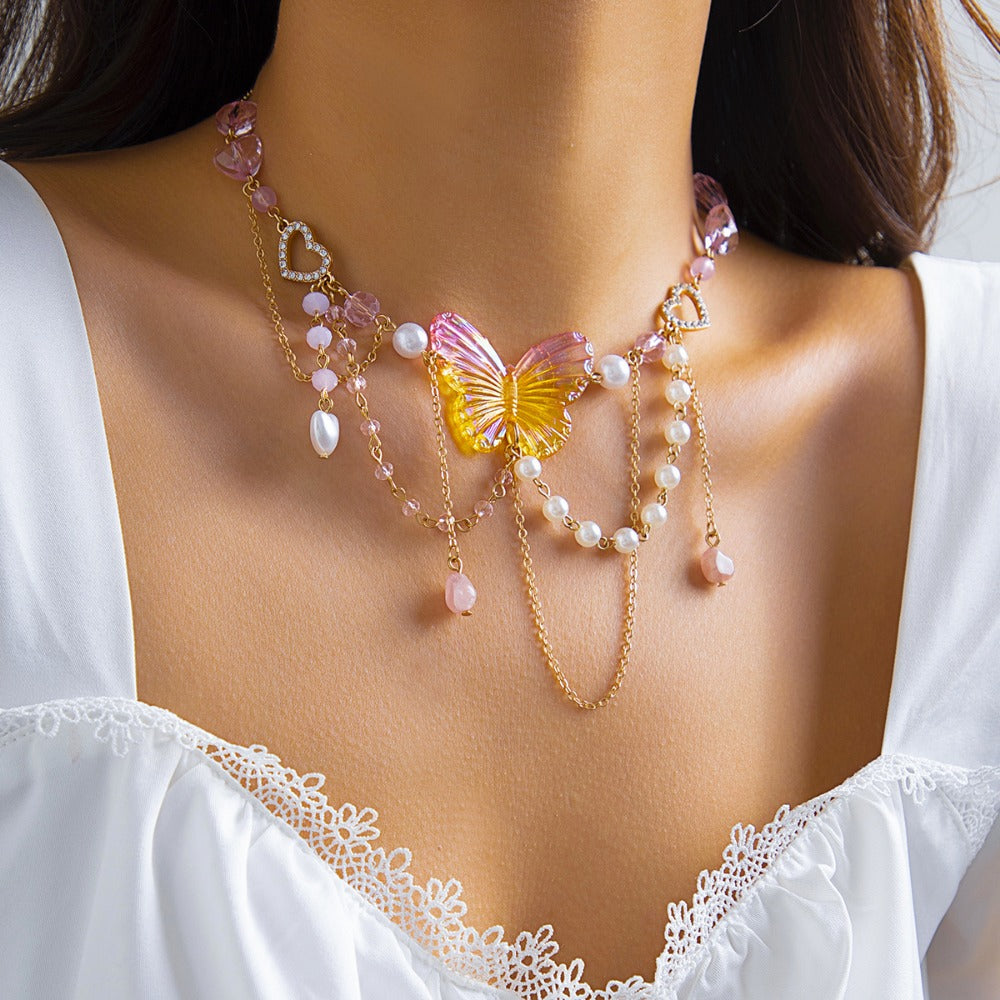 Wholesale Sweet Strawberry Butterfly Imitation Pearl Tassel Necklace