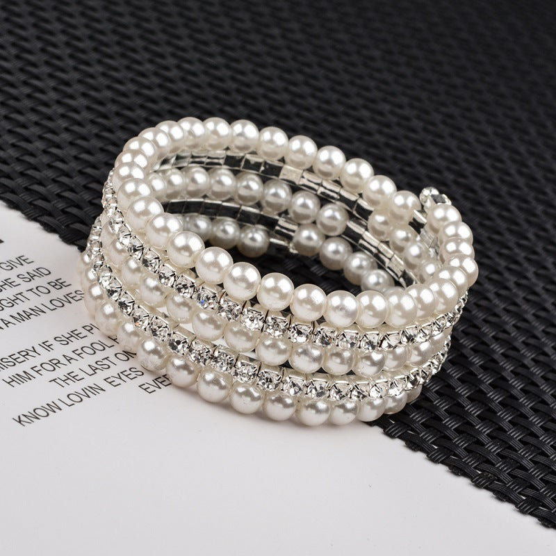 Wholesale Steel Wire Elastic Thread Multilayer Pearl Rhinestone Bracelet
