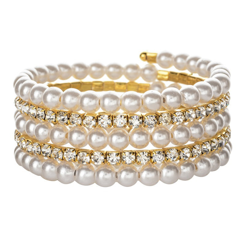 Wholesale Steel Wire Elastic Thread Multilayer Pearl Rhinestone Bracelet