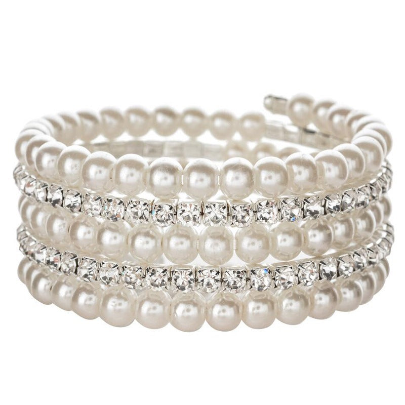 Wholesale Steel Wire Elastic Thread Multilayer Pearl Rhinestone Bracelet