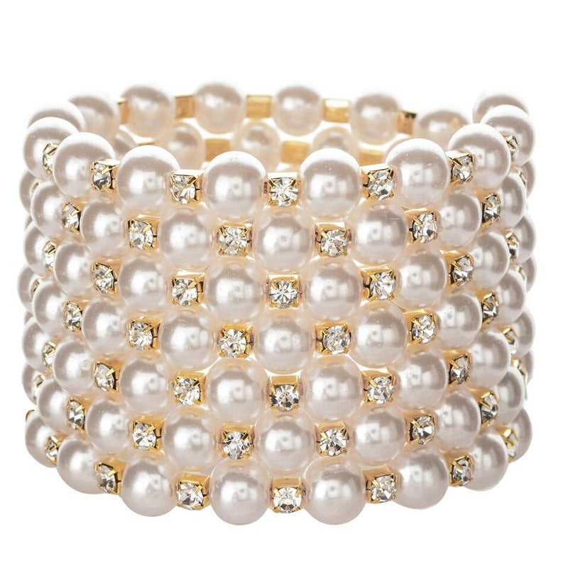 Wholesale Pearl Rhinestone Multilayer Seven Rows Wound Spiral Bracelet