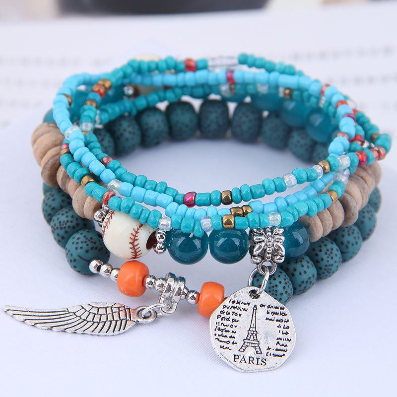 Wholesale Disc Tower Wings Rice Beads Multilayer Alloy Bracelet