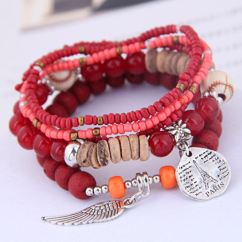 Wholesale Disc Tower Wings Rice Beads Multilayer Alloy Bracelet