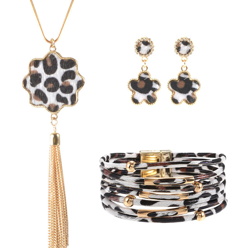 Juego de joyas de pulsera de leopardo de cuero de aleación al por mayor
