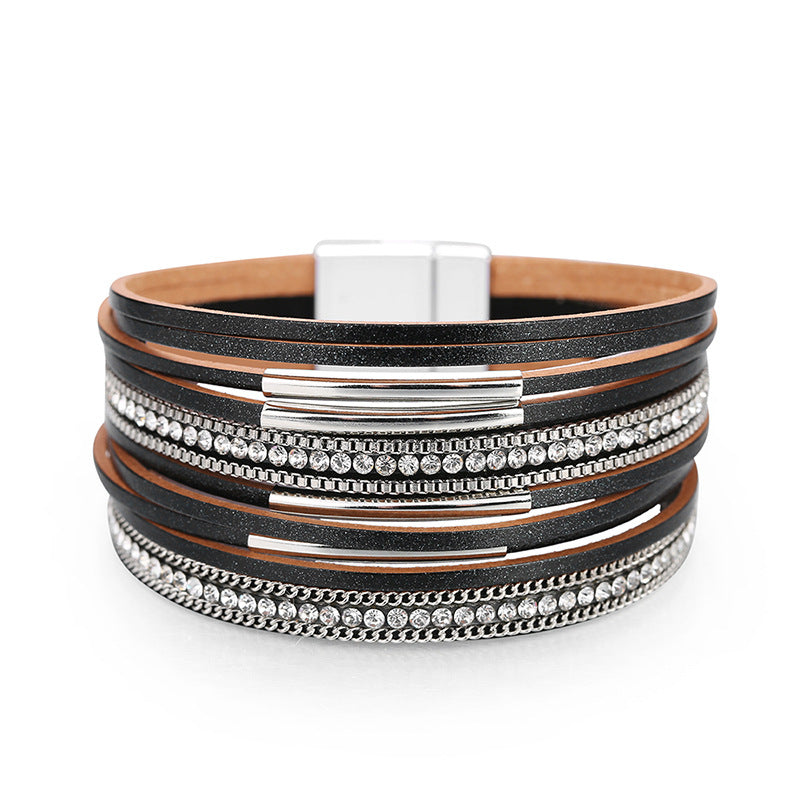 Wholesale Multi-layered Genuine Leather Fine Chain Copper Tube Diamond Bracelet