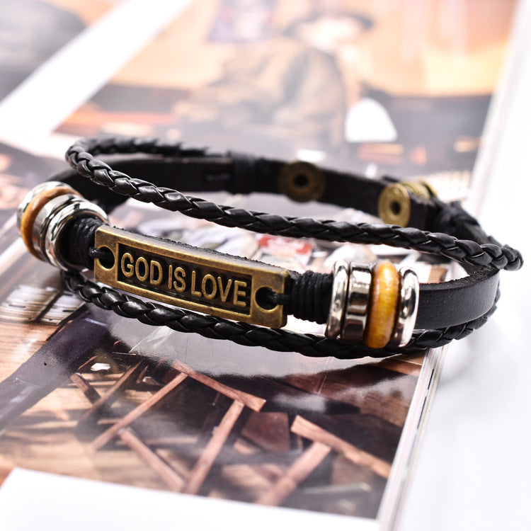 Wholesale Genuine Leather god is love Letters Multilayer Leather Woven Bracelet
