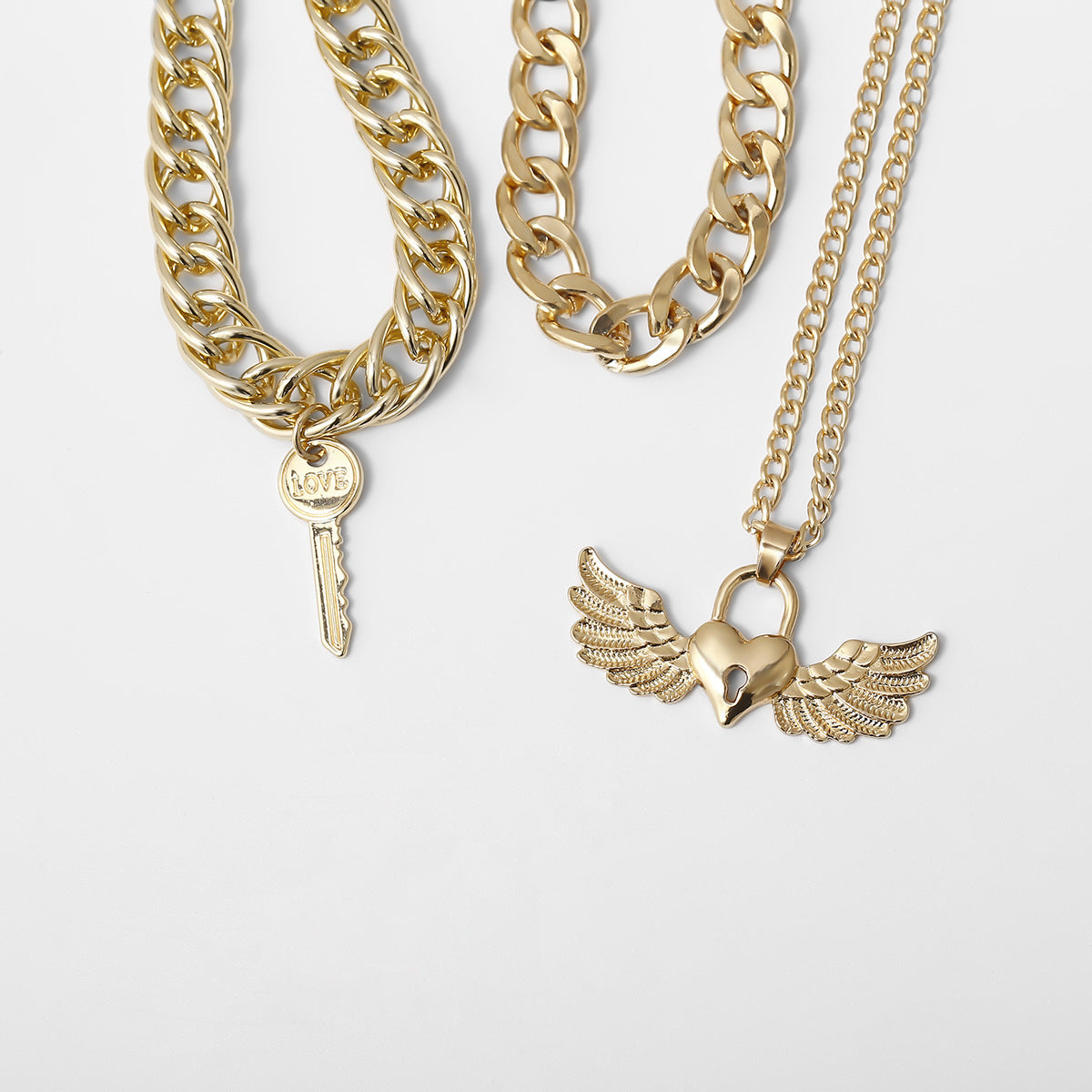 Wholesale Valentine's Day Multi-layer LOVE Wing Peach Heart Lock Alloy Necklace