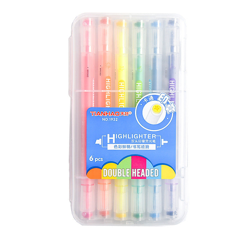 Wholesale Creative Double Line Pen Cartoon Stamp Marking Focus 6 Colors Oblique Head Plastic Highlighter