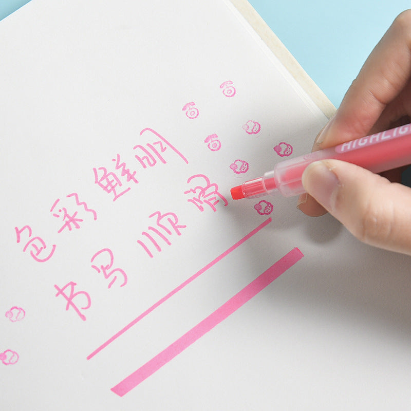 Wholesale Creative Double Line Pen Cartoon Stamp Marking Focus 6 Colors Oblique Head Plastic Highlighter