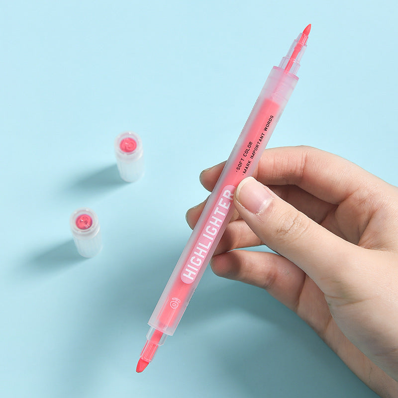 Wholesale Creative Double Line Pen Cartoon Stamp Marking Focus 6 Colors Oblique Head Plastic Highlighter