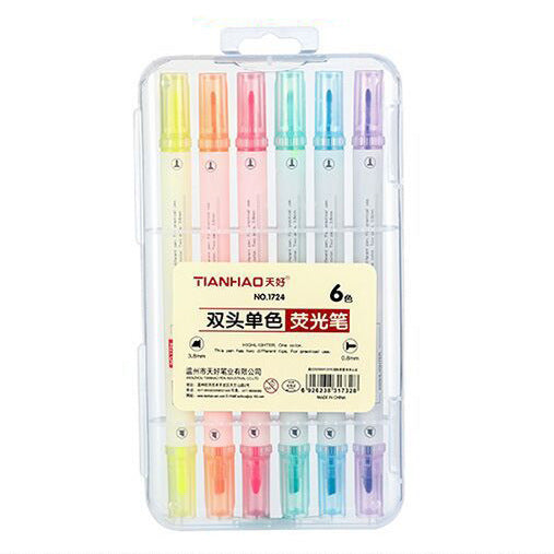 Wholesale Creative Double Line Pen Cartoon Stamp Marking Focus 6 Colors Oblique Head Plastic Highlighter
