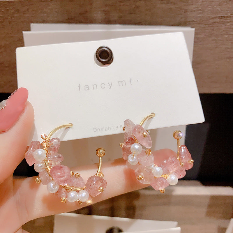 Wholesale Pink Gemstone S925 Silver Needle Copper Earrings