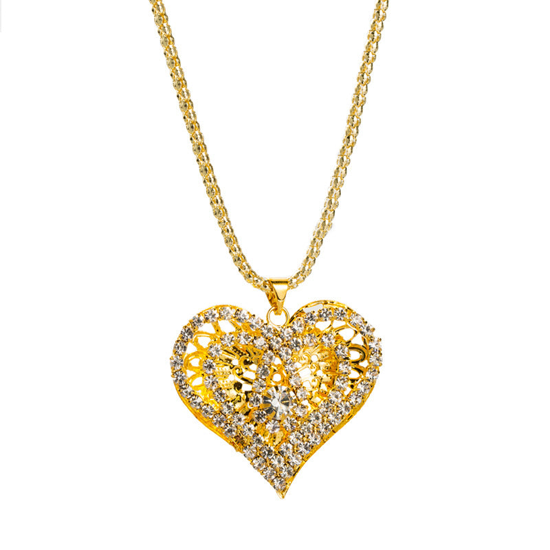 Wholesale Heart Shaped Hollow Sweater Chain Full Diamond Necklace