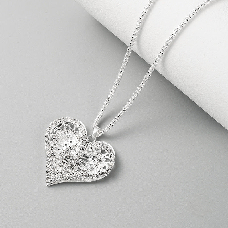 Wholesale Heart Shaped Hollow Sweater Chain Full Diamond Necklace