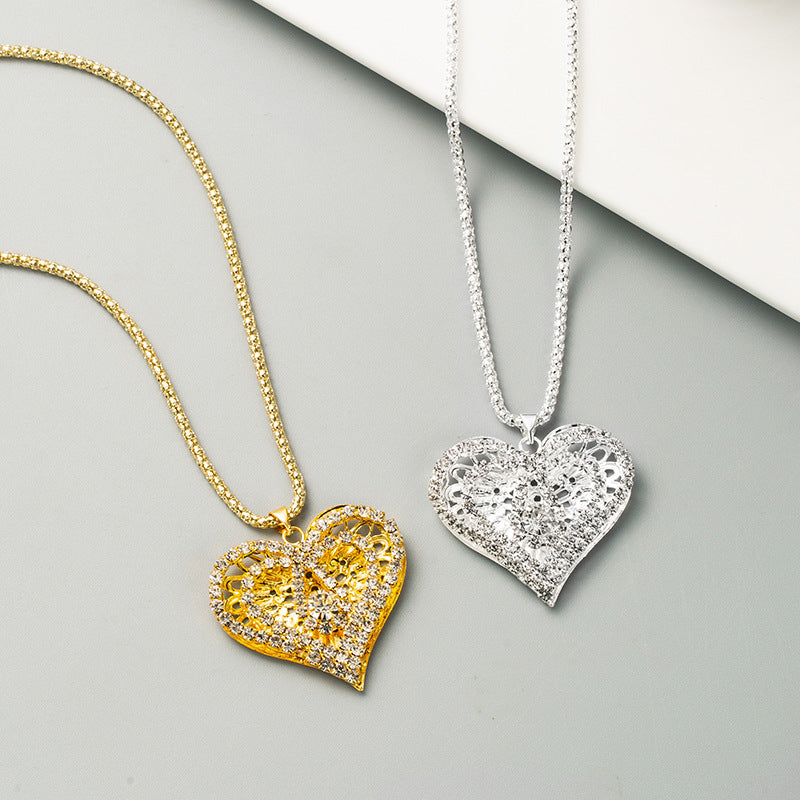 Wholesale Heart Shaped Hollow Sweater Chain Full Diamond Necklace