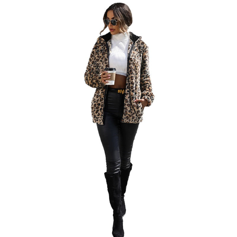 Wholesale Autumn and Winter Women's Hooded Long-sleeved Leopard Print Mid-length Double-sided Velvet Loose Casual Jacket