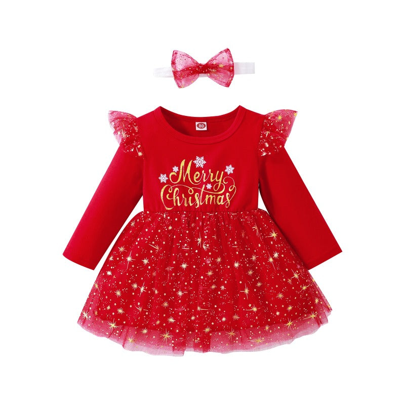 Wholesale Christmas English Hot Stamped Letter Printed Mesh Bubble Sleeves Baby Clothes