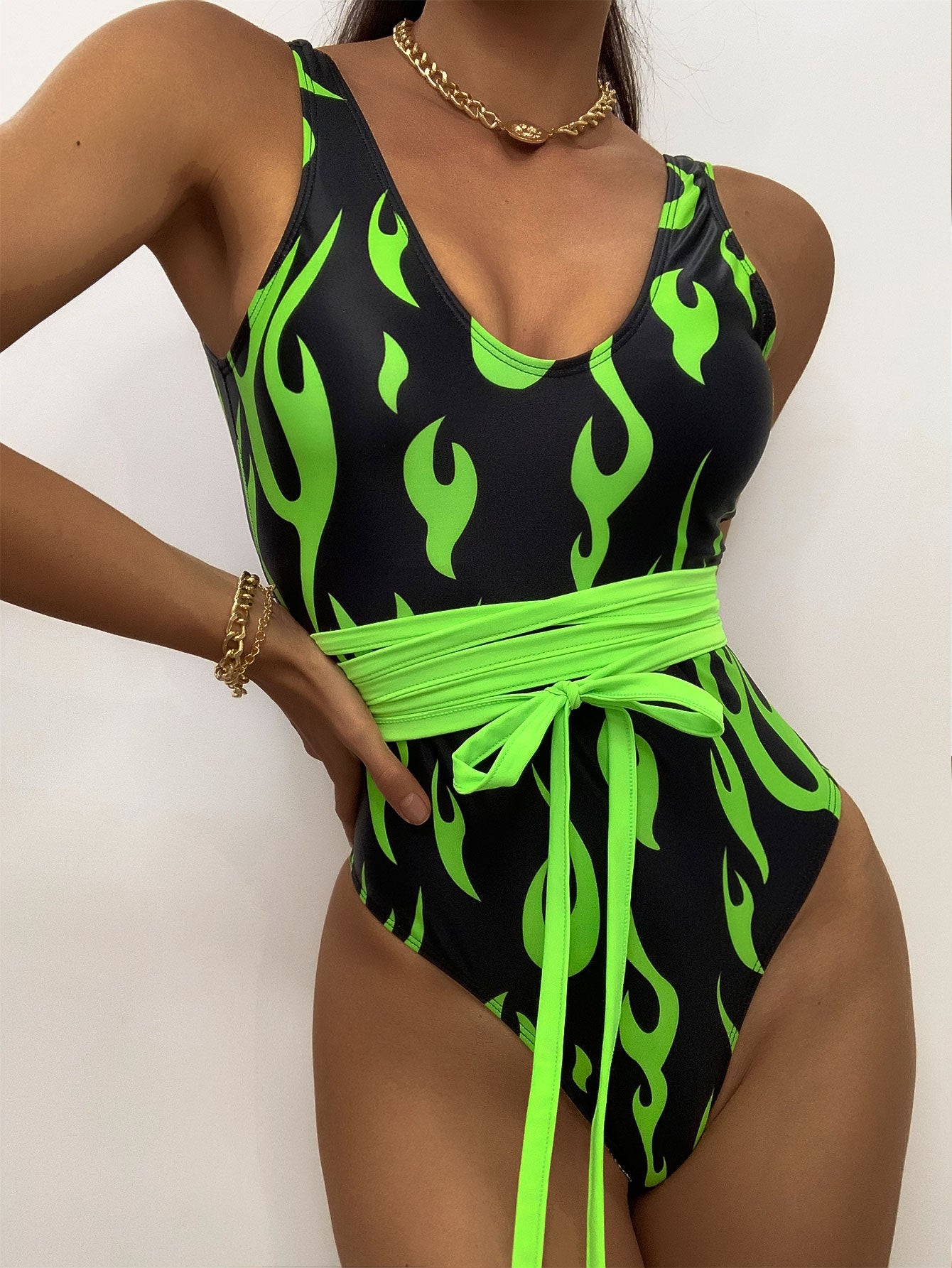 Wholesale Flame pattern bodysuit backless swimsuit