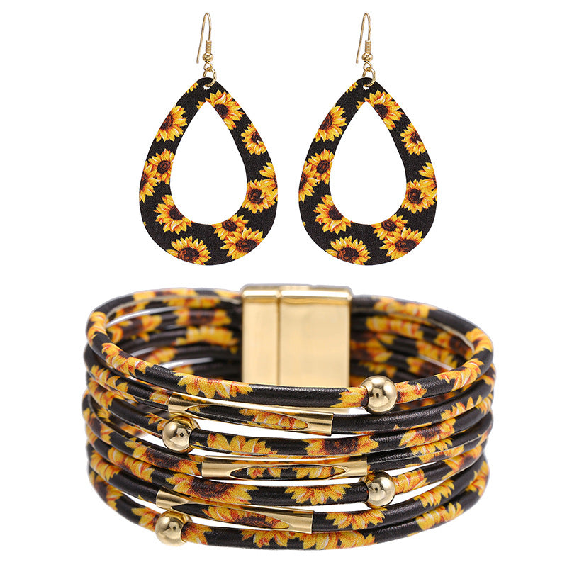 Wholesale Multi-Layered Leather Magnet Buckle Little Daisy Bracelet