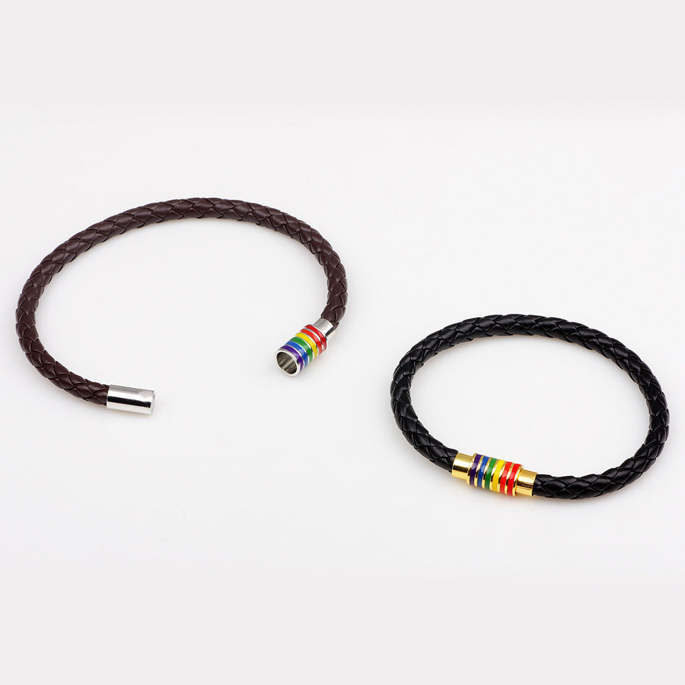 Wholesale Simple Braided Rainbow Magnet Buckle Genuine Leather Bracelet