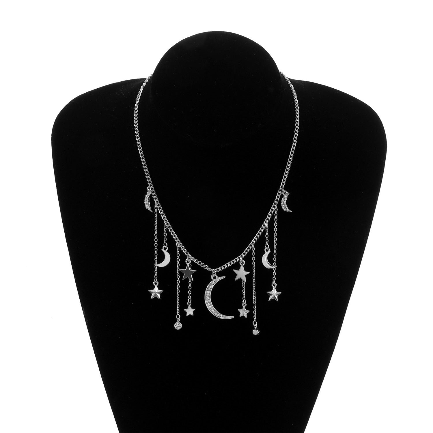 Wholesale Full Diamond Crescent Five Pointed Star Tassel Pendant Alloy Necklace