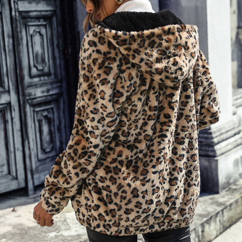 Wholesale Autumn and Winter Women's Hooded Long-sleeved Leopard Print Mid-length Double-sided Velvet Loose Casual Jacket