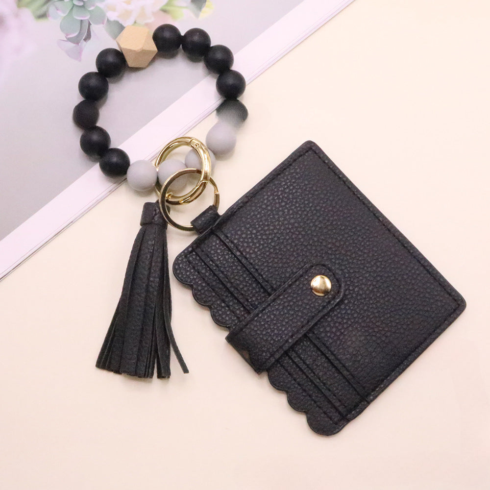 Wholesale Beech Card Holder PU Leather Tassel Bracelet Keychain