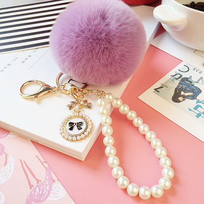 Wholesale Pearl Chain Plush 8cm Fur Ball Keychain