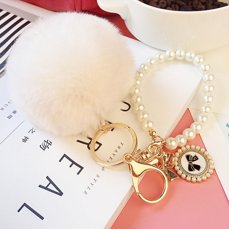 Wholesale Pearl Chain Plush 8cm Fur Ball Keychain