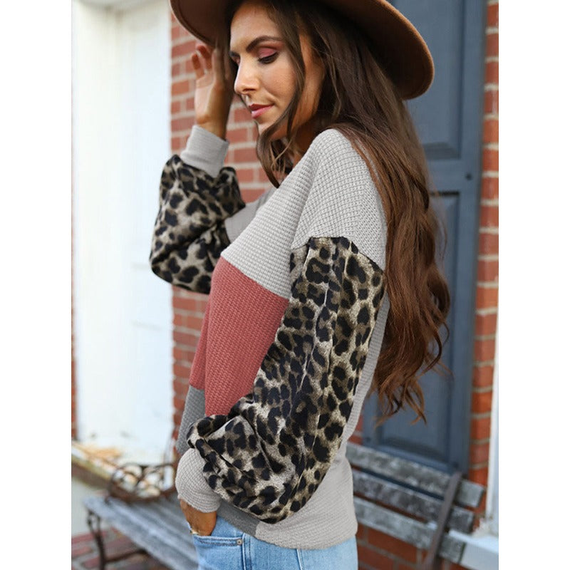 Wholesale Polyester Top Leopard Print Contrasting Color Versatile Hoodie