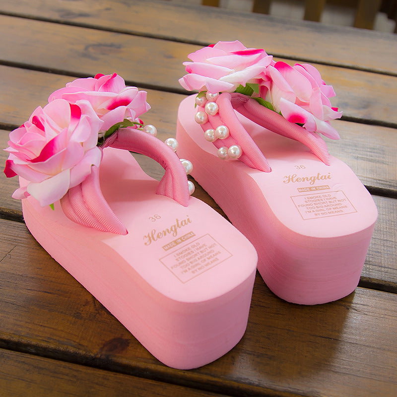 Wholesale beach vacation non-slip flip flops pearl flower fresh sandals fashion platform flip-flops