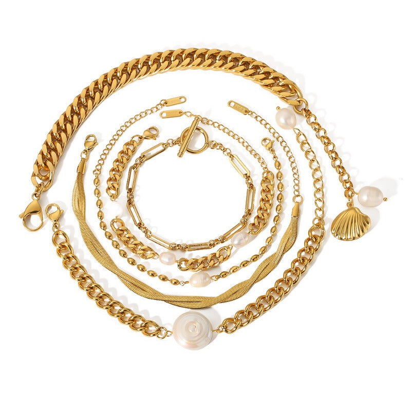 Wholesale Double Layer Flat Snake Pearl Style Gold Plated Shell Cuban Chain Bracelet