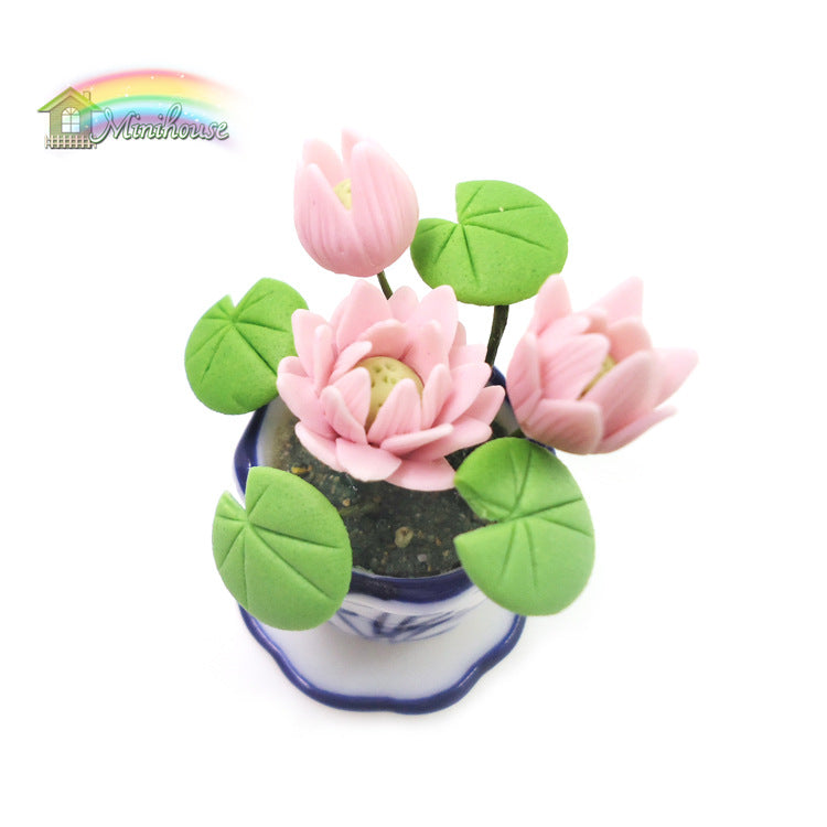 Wholesale 1:12 doll house accessories dollhouse mini craft flower bonsai clay flower ceramic pot Lotus Lotus model