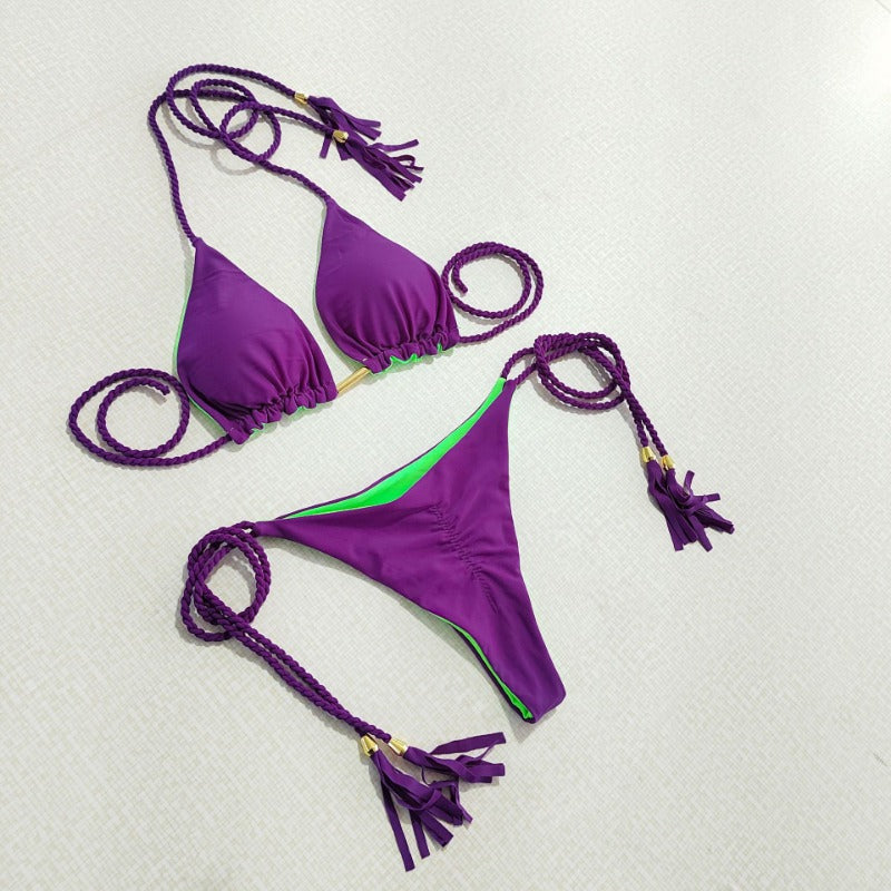 Wholesale Split Sexy Triangle Double-sided Contrast Color Beach Swimsuit