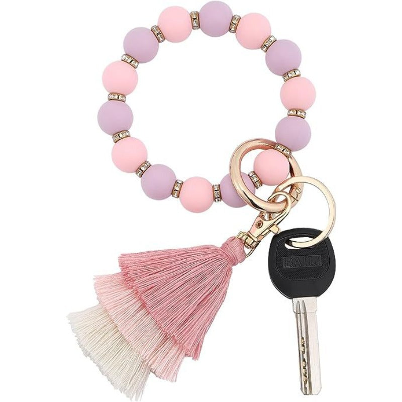 Wholesale Leopard Pattern Silicone Beads Three Layer Thread Tassel Wrist Keychain