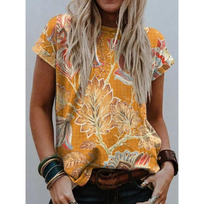 Wholesale Round Necked Polyester Western Style Printed Loose Fitting Women's T-shirts