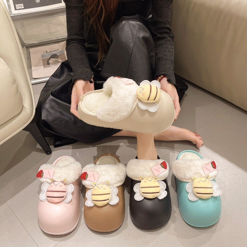 Wholesale Waterproof EVA Cartoon Little Bee Autumn and Winter Plus Velvet Cotton Slippers