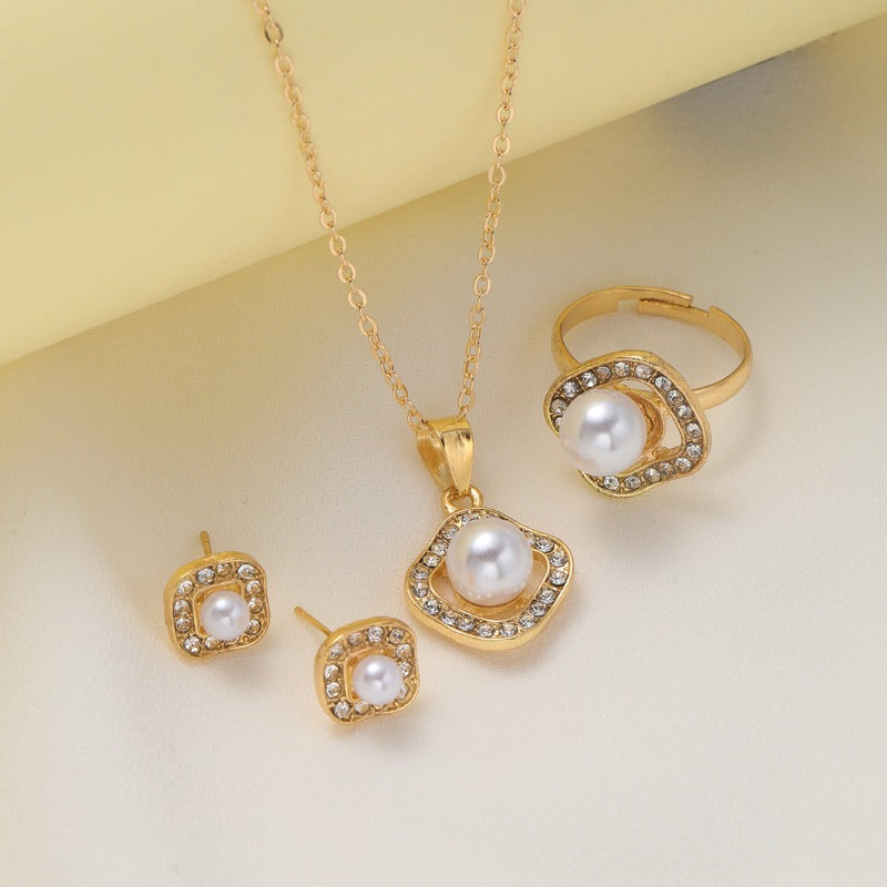 Wholesale Fashion Creative High-end Design Diamond Square Imitation Pearl Earrings Ring Necklace Set