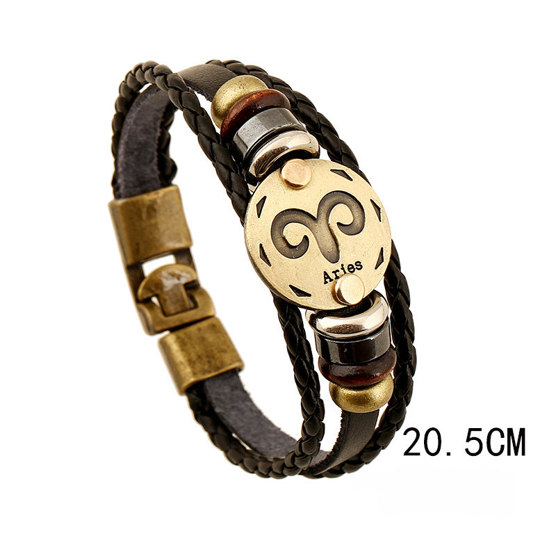 Wholesale Vintage 12 Zodiac Cowhide Multi-layer Bracelets