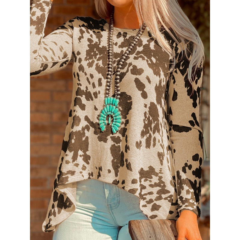 Wholesale Western Style Polyester Cow Print Long Sleeved Tops