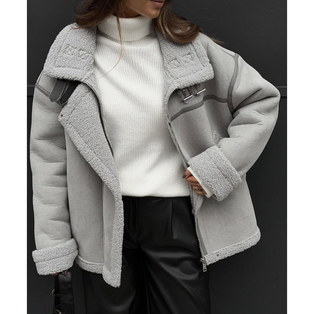 Wholesale One-piece Lambswool Jacket Design Sense Spliced Street Biker Style Cotton Suit