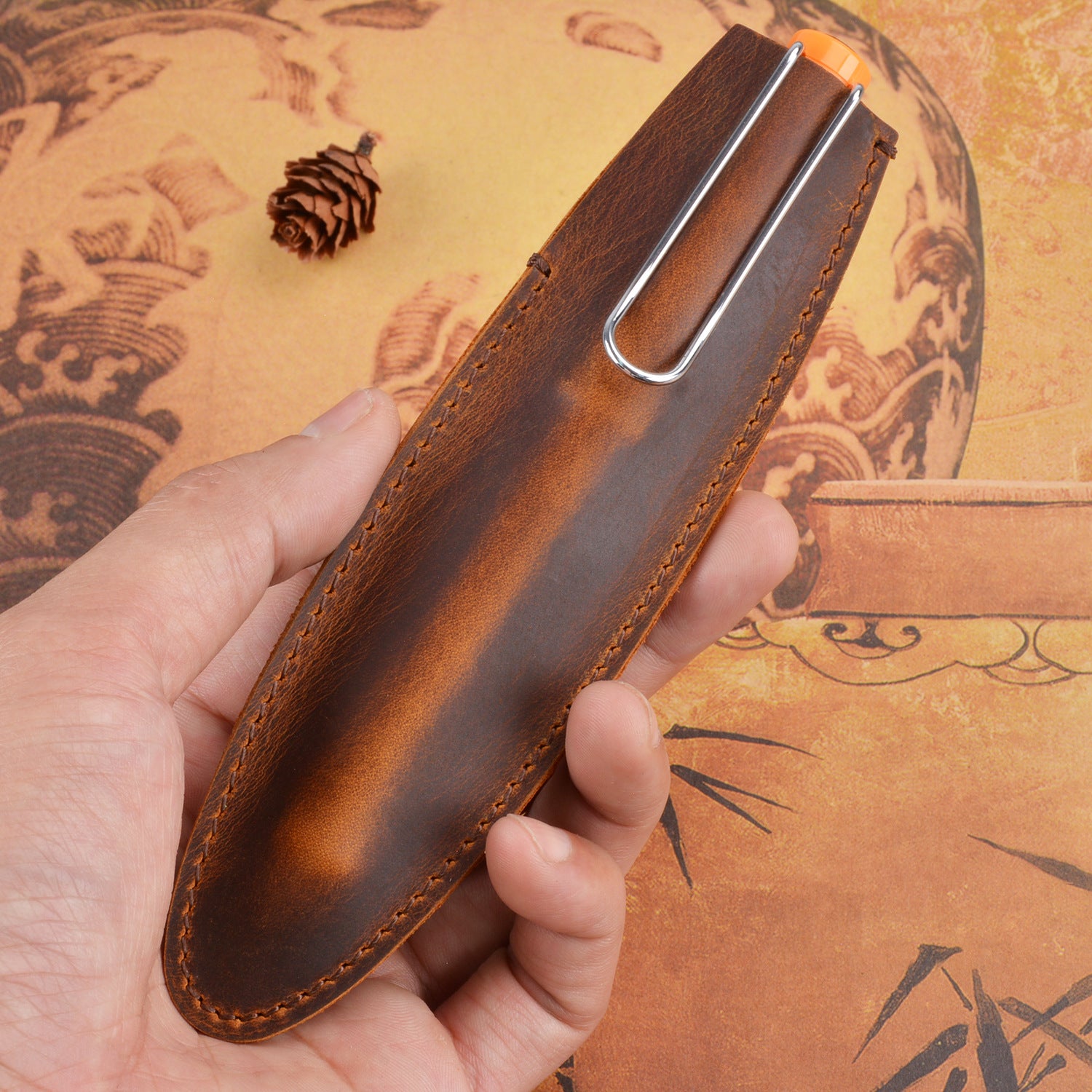 Wholesale Header Cowhide Single Support Steel Pen Leather Case