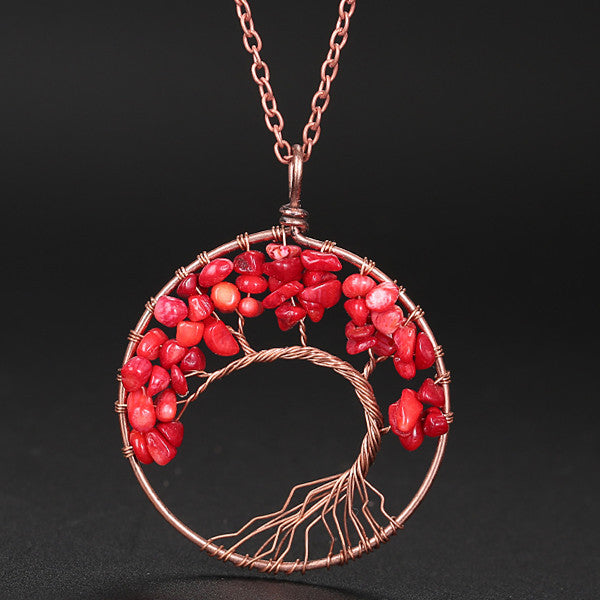 Wholesale Handmade Winding Natural Stone Ancient Red Copper Curved Life Tree Necklace