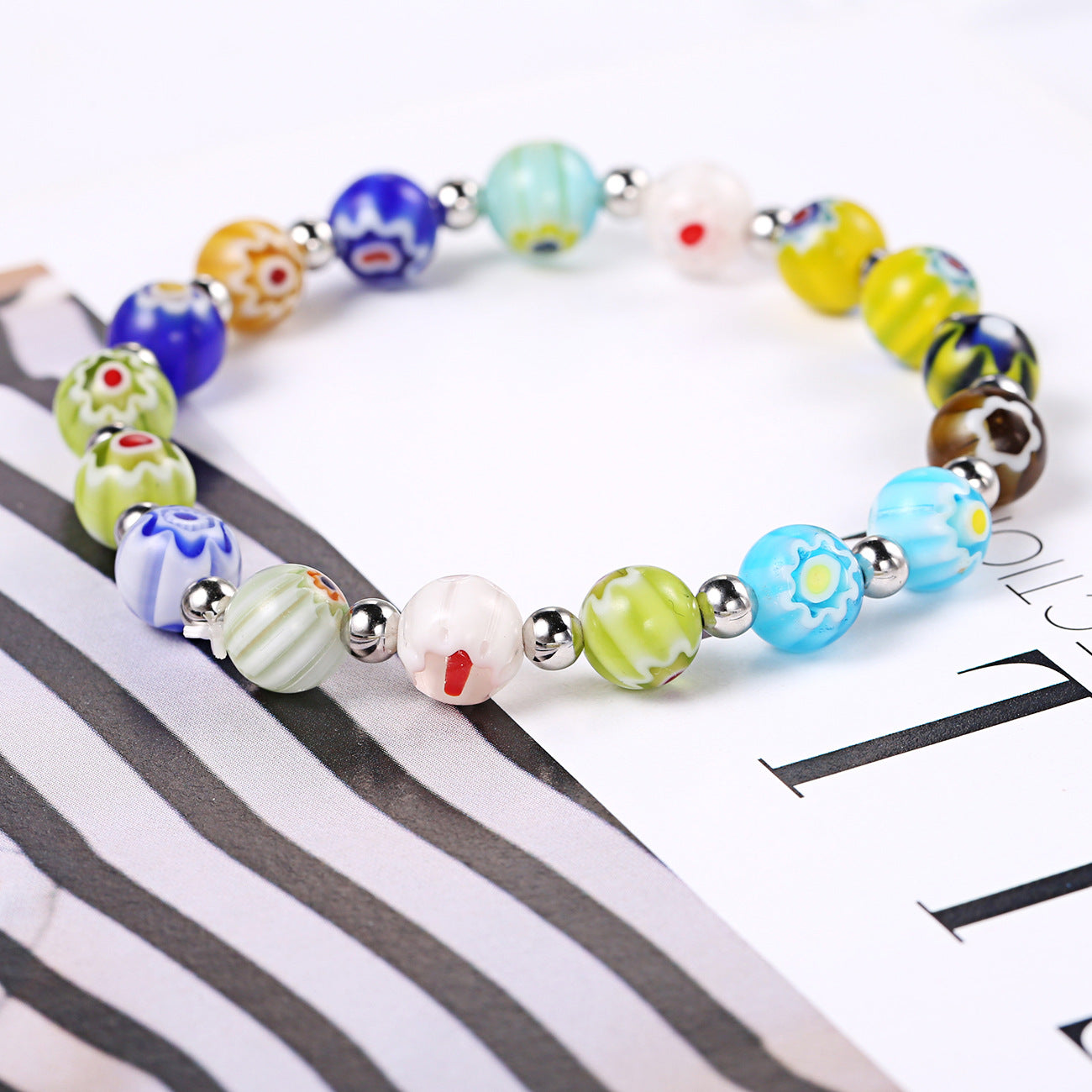 Wholesale 8mm Thousand Flower Glazed Beads Mixed Color Stretch Bracelet