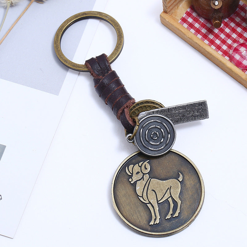 Wholesale Retro Woven 12 Constellation Cowhide Keychain