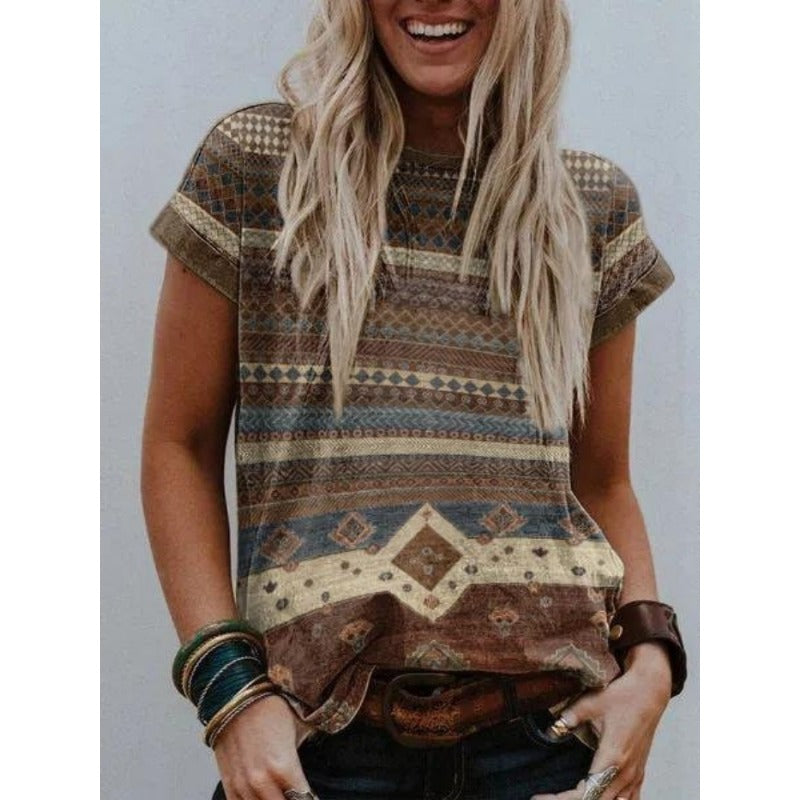 Wholesale Round Necked Polyester Western Style Printed Loose Fitting Women's T-shirts