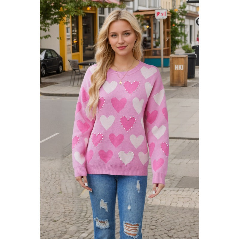 Wholesale Valentine's Day Round Neck Handmade Beaded Peach Heart Pullover Sweater